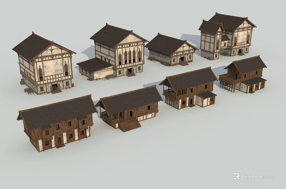 Traditional Thatched Houses With Various Wooden Structures And Architectural Designs 3d model 