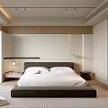 Modern Minimalist Bedroom Interior With Large Bed Wooden Accents And Recessed Lighting