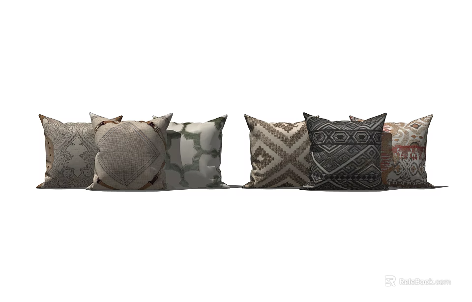 Assorted Decorative Throw Pillows With Diverse Patterns And Neutral Tones For Home Decor 3d model 