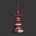 Red And White Lighthouse Model With Metal Frame And Round Base On Dark Reflective Surface