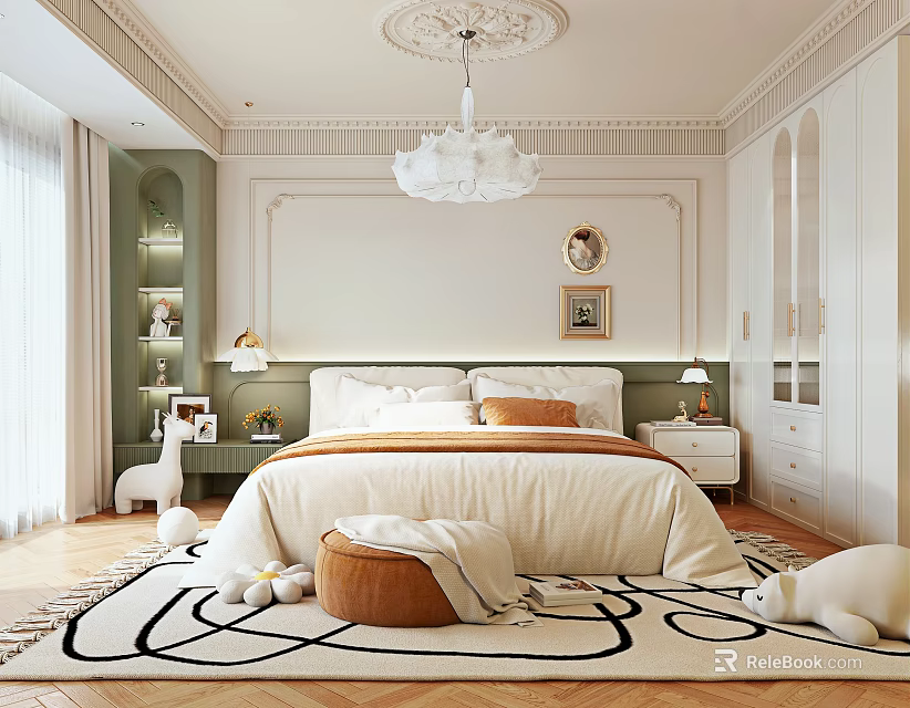 Elegant Modern Bedroom Interior Design With White Chandelier Double Bed And Patterned Rug 3d model 