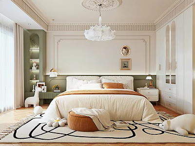 Elegant Modern Bedroom Interior Design With White Chandelier Double Bed And Patterned Rug 3d model