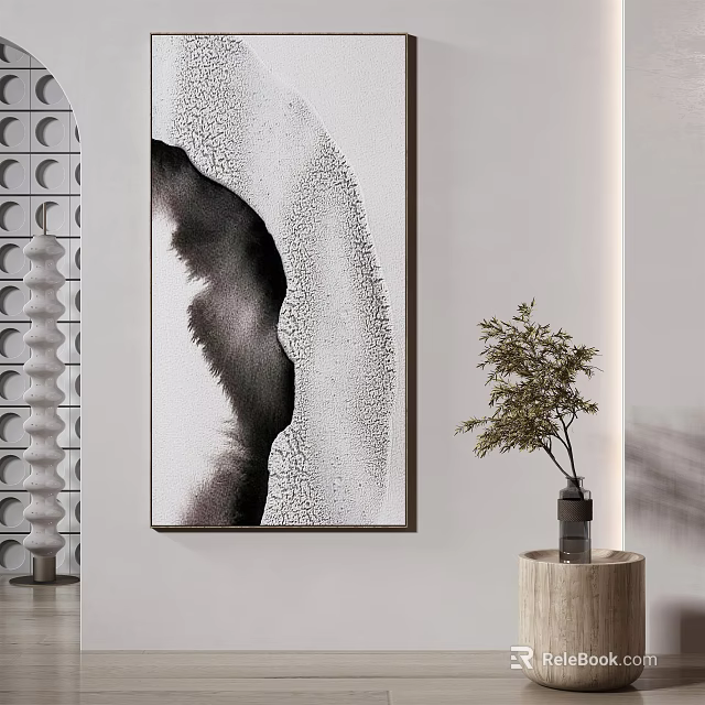 Modern Minimalist Interior Featuring Black White Abstract Painting And Decorative Plant On Wooden Base 3d model 