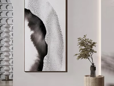 Modern Minimalist Interior Featuring Black White Abstract Painting And Decorative Plant On Wooden Base 3d model