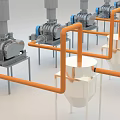 Industrial Processing Equipment With Blue Main Unit Orange Pipes And White Conical Tanks
