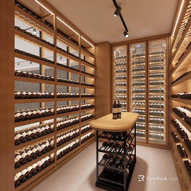 Luxury Wine Cellar Interior With Wooden Racks Wine Bottles And Central Display Table 3d model 