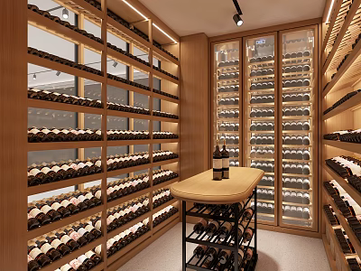 Luxury Wine Cellar Interior With Wooden Racks Wine Bottles And Central Display Table 3d model