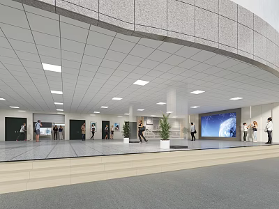 Modern Main Entrance Door In Lobby With People Walking Green Plants And Large Screen 3d model