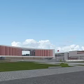 Modern School Building Architecture With Pink Facade Green Lawn And National Flag
