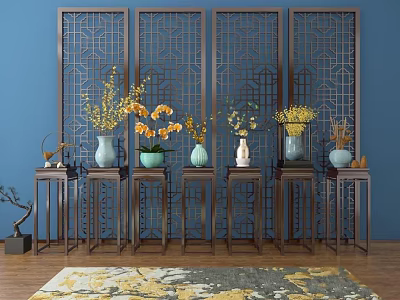 Chinese Flower Vases With Colorful Flowers On Stands Against Blue Wall And Wooden Screen 3d model