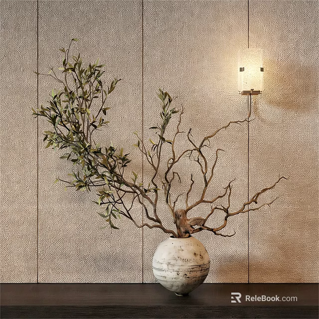 White Vase With Olive Branches And Green Leaves On Beige Wall With Wall Lamp 3d model 