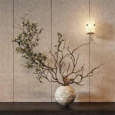 White Vase With Olive Branches And Green Leaves On Beige Wall With Wall Lamp 3d model