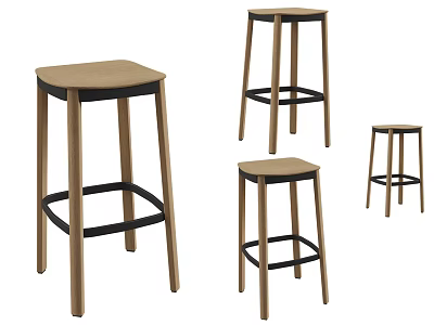 Wooden Bar Stools With Light Brown Seats And Black Crossbars In Various Sizes 3d model