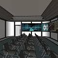 Modern Conference Room With Arranged Chairs Large Screens And Skylight Ceiling
