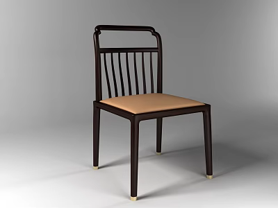Sleek Modern Dining Chair With Slatted Backrest Dark Wooden Frame And Light Beige Seat Cushion 3d model