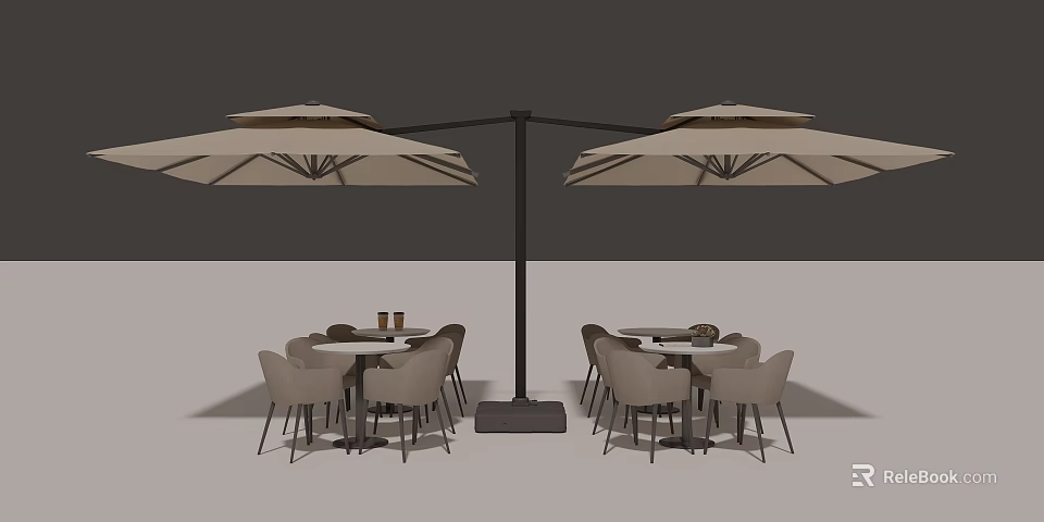 Modern Outdoor Table Setup With Double Umbrellas And Comfortable Chairs 3d model