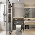 Modern Bathroom Interior Design With Glass Shower Toilet Vanity And Storage Cabinets