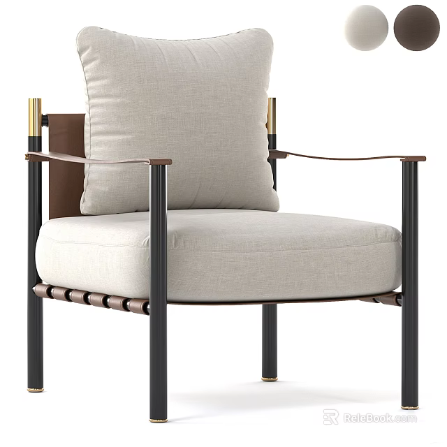 Beige Upholstered Accent Chair With Brown Leather Armrests Black Metal Legs Modern Design 3d model 