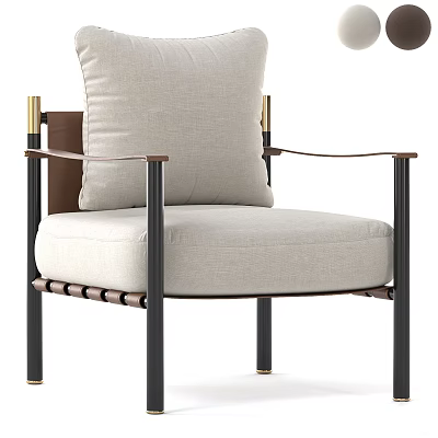 Beige Upholstered Accent Chair With Brown Leather Armrests Black Metal Legs Modern Design 3d model