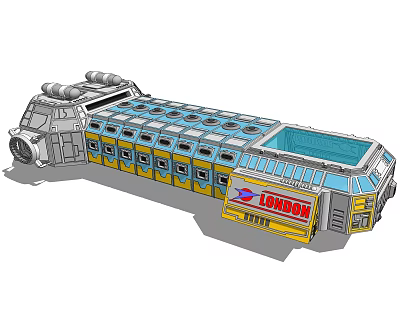 Futuristic London Themed Transport Vehicle With Yellow Blue Design And Multiple Windows 3d model