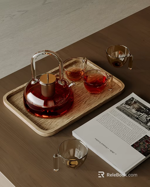 Stylish Glass Tea Set With Wooden Tray Red Tea And Teacups On Table 3d model 