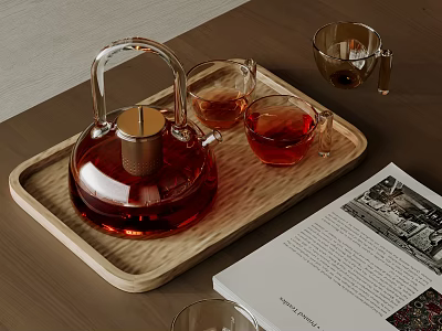 Stylish Glass Tea Set With Wooden Tray Red Tea And Teacups On Table 3d model