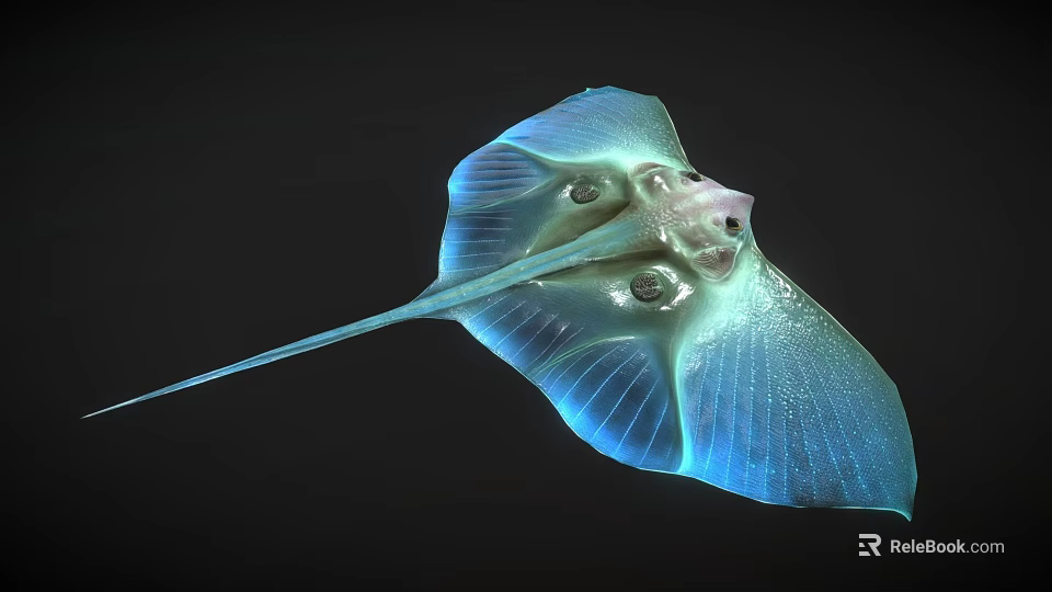 Blue Glowing Marine Ray With Flat Body And Wing Like Fins In Dark Background 3d model 