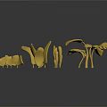 Cartoon Style Yellow Decorative Plants With Leaves Mushrooms And Dark Background Reflection