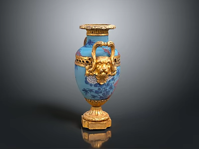 Exquisite Blue Vase Featuring Golden Lion Head Carvings And Ornate Sculptural Patterns 3d model