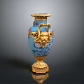 Exquisite Blue Vase Featuring Golden Lion Head Carvings And Ornate Sculptural Patterns