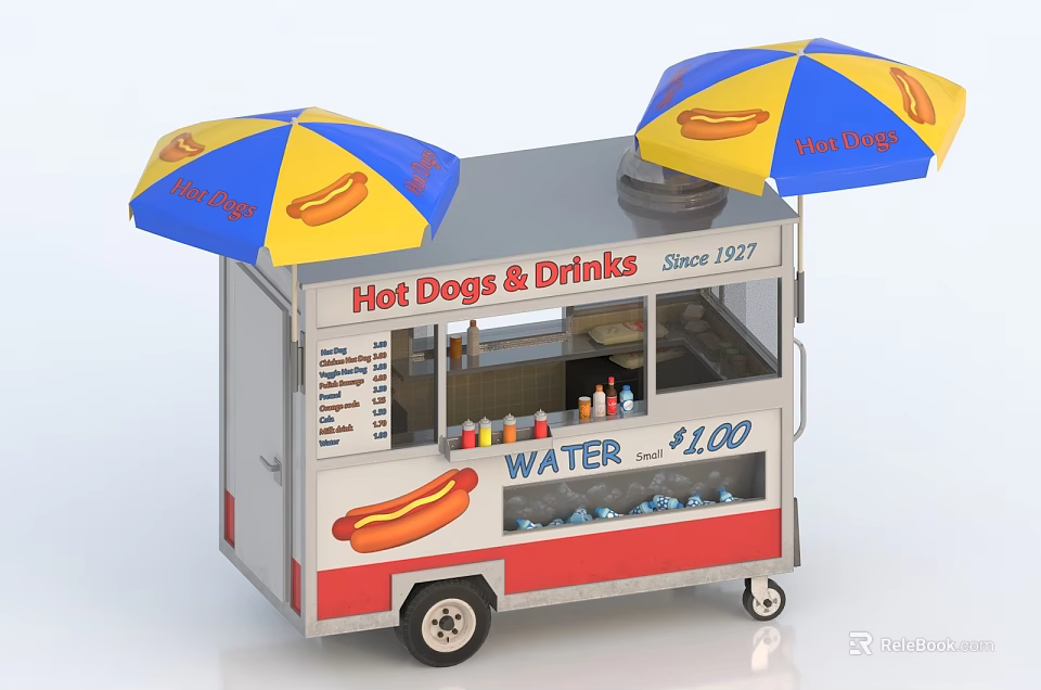 Functional Hot Dog And Drink Vending Cart With Blue Yellow Umbrellas Since 1977 3d model 