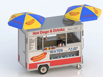 Functional Hot Dog And Drink Vending Cart With Blue Yellow Umbrellas Since 1977 3d model