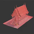 Ancient Thai Temple Model With Red Roof Golden Decorations Columns Stairs And Blue Base