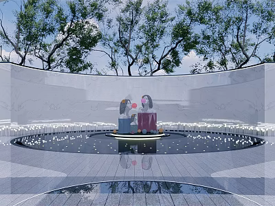 Outdoor Human Figure Sculptures in Circular Water Pool with Trees and Seats 3d model