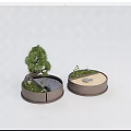 Bonsai Grass And Small Stones In Round Pots With Miniature Water Stream Decorative Garden