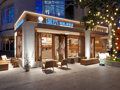 Charming Milk Tea Shop Exterior With Outdoor Seats And String Lights 3d model