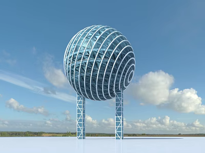 Modern Spherical Stadium Building With Spiral Glass And Metal Frame Supporting Pillars Against Blue Sky 3d model