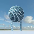 Modern Spherical Stadium Building With Spiral Glass And Metal Frame Supporting Pillars Against Blue Sky