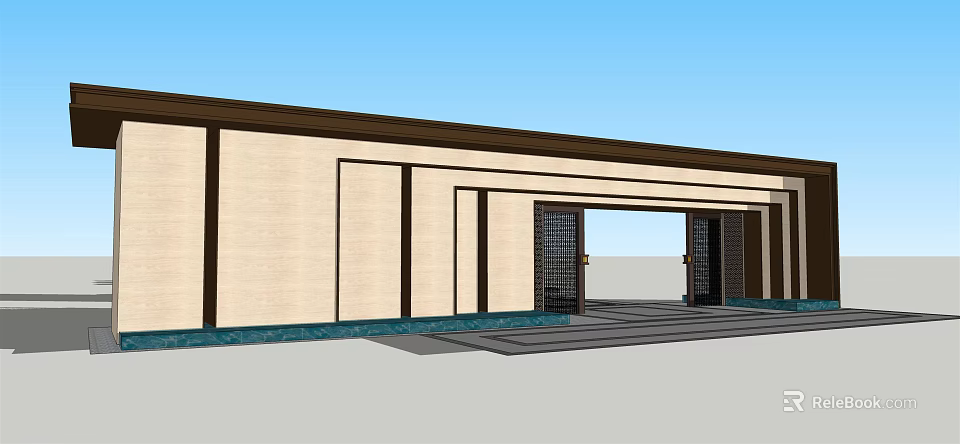 Modern Chinese Entrance Gate Design With Beige Wall And Dark Wood Frames 3d model 