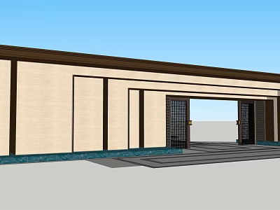 Modern Chinese Entrance Gate Design With Beige Wall And Dark Wood Frames 3d model