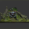 Game Character Mechanical Creature with Lush Greenery Mossy Rocks and Jungle Elements
