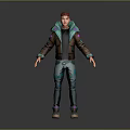3D Character With Red Hair Brown Jacket Blue Accents Blue Pants Purple Green Detailed Shoes