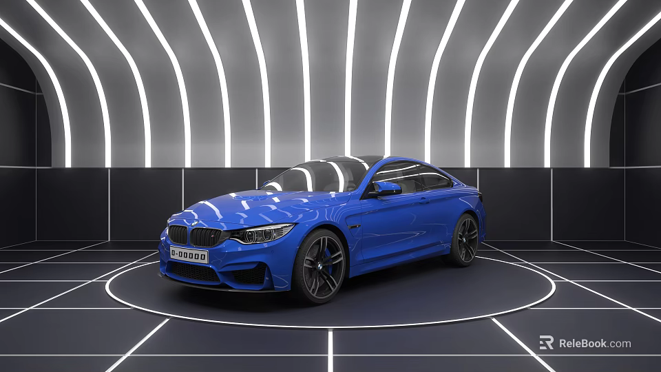 Blue BMW Sports Car In Futuristic Showroom With Curved Lighting And Sleek Design 3d model 