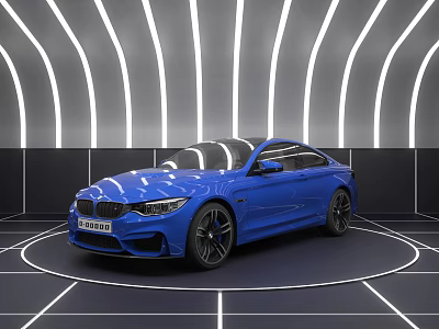 Blue BMW Sports Car In Futuristic Showroom With Curved Lighting And Sleek Design 3d model
