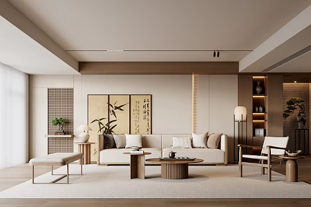 New Chinese Style Song Style Living Room New Chinese Style Living Room Sofa Coffee Table Combination New Chinese Style Sofa Background Wall No Main Light Living Room Plant End View Floor Lamp Sofa Stool 3d model