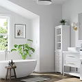 Bright White Bathroom With Bathtub Washing Machine Tall Cabinet And Plants