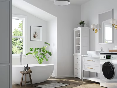 Bright White Bathroom With Bathtub Washing Machine Tall Cabinet And Plants 3d model