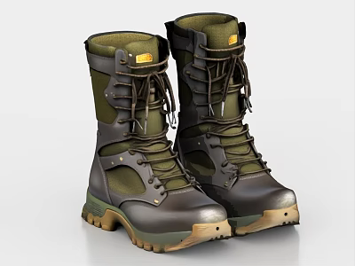 Olive Green And Dark Brown Outdoor Boots With Laces And Thick Durable Soles 3d model