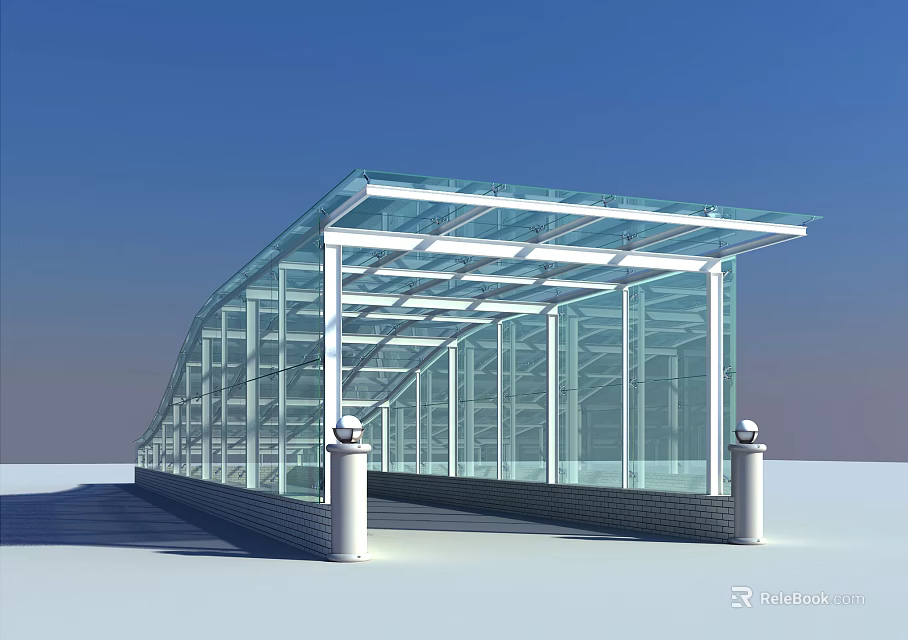 Transparent Glass Canopy Structure With Metal Frame Brick Base And Spherical Pillars 3d model