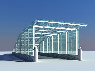 Transparent Glass Canopy Structure With Metal Frame Brick Base And Spherical Pillars 3d model